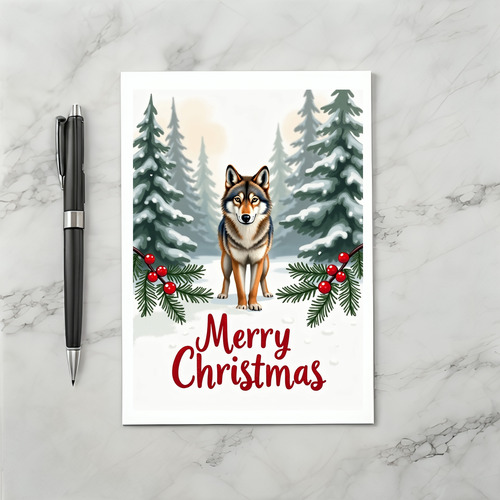 Wolf in Snow Merry Christmas Card Forest Scene