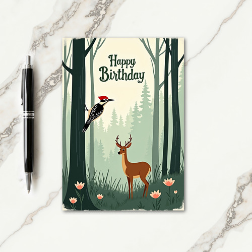 Woodland Deer Bird Birthday Card