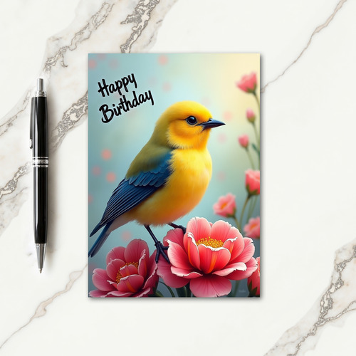Yellow Bird Coral Flower Birthday Card
