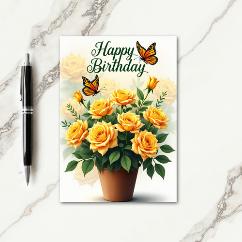 Yellow Roses Potted Birthday Card