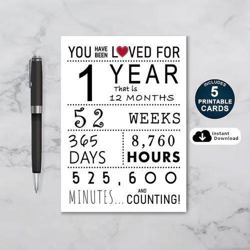 You Have Been Loved 1 Year Printable Birthday Card