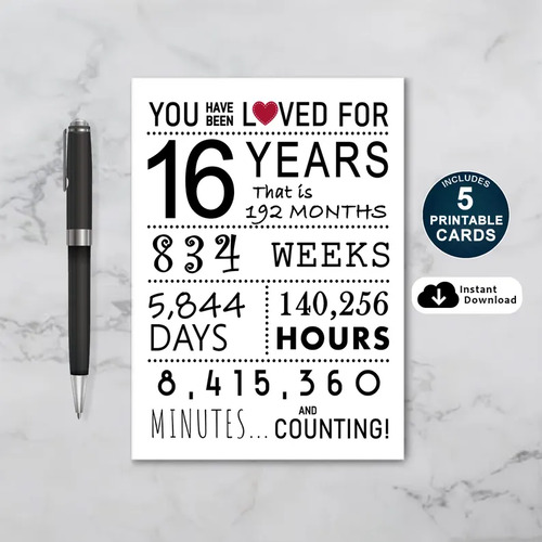 You Have Been Loved 16 Years Printable Birthday Card