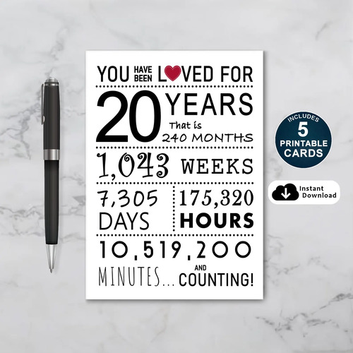 You Have Been Loved 20 Years Printable Birthday Card