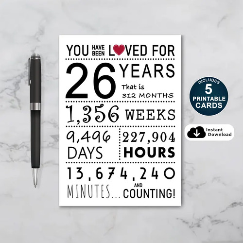 You Have Been Loved 26 Years Printable Birthday Card