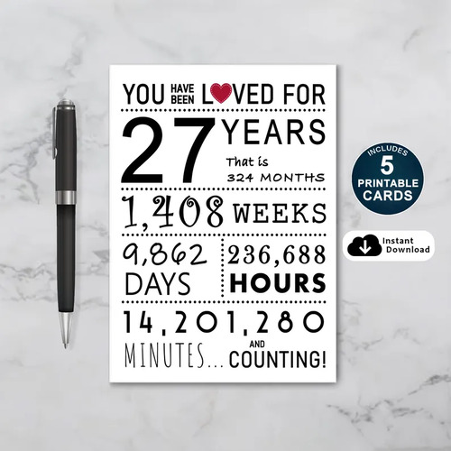 You Have Been Loved 27 Years Printable Birthday Card