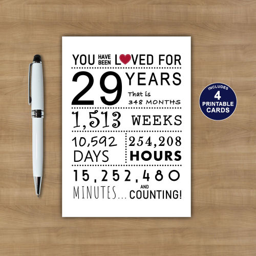 You Have Been Loved 29 Years Printable Birthday Card