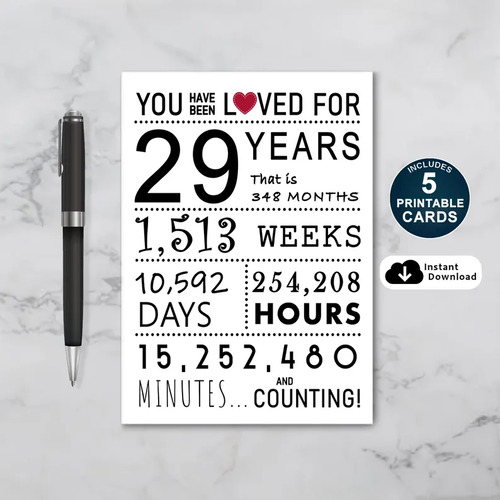 You Have Been Loved 29 Years Printable Birthday Card