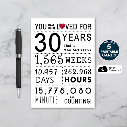 You Have Been Loved 30 Years Printable Birthday Card