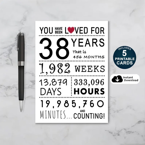 You Have Been Loved for 38 Years Printable Birthday Card